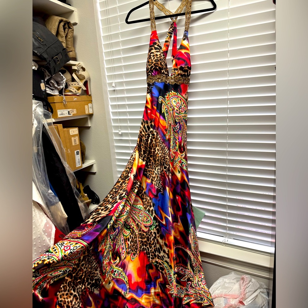 Multi colored satin floor length dress by Blondie Nites